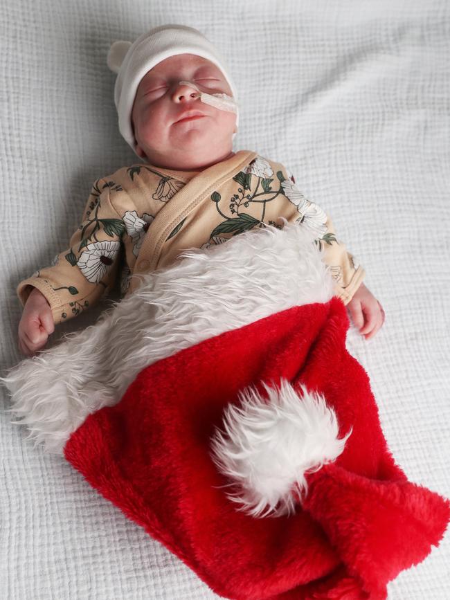 Maci Marusarz 12 weeks with mum Tahlia Evans at the Royal Hobart Hospital. Maci will spend her first Christmas in hospital. Picture: NIKKI DAVIS-JONES