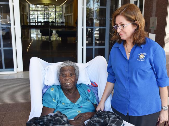 Aboriginal Elder Mildred Numamurdirdi, from Numbulwar, (left) and Danila Dilba Health Service doctor GP Meredith Hanson-Knarhol are seen after giving evidence at the Royal Commission into Aged Care at the NT Supreme Court in Darwin. Picture: AAP