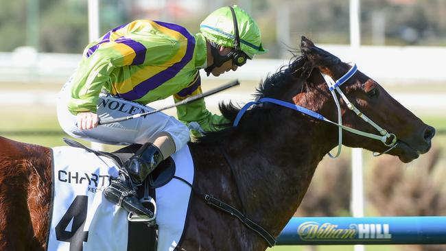 MELBOURNE, AUSTRALIA - MAY 30: Luke Nolen riding Kinglike defeats Dwayne Dunn riding Battle of Troy in Race 1 during Melbourne Racing at Moonee Valley Racecourse on May 30, 2015 in Melbourne, Australia. (Photo by Vince Caligiuri/Getty Images)