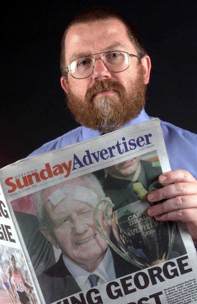 Former Geelong Advertiser editor Peter Judd with an edition of the new tabloid Geelong Sunday Advertiser in November 2000. Picture: Mike Dugdale.