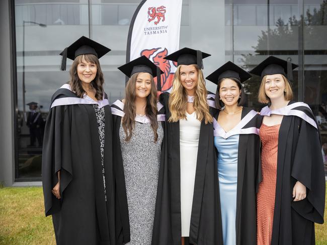 Jenna Phillips, Catherine Cartwright, Sarah Grace, Serina Seah and Georgia Winter. UTAS graduations. School of College of Health and Medicine Graduate Research. Picture: RICHARD JUPE