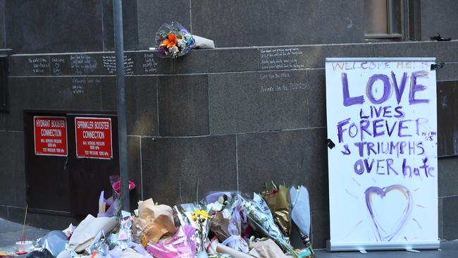 Flowers for the Bourke Street tragedy. Picture: David Crosling