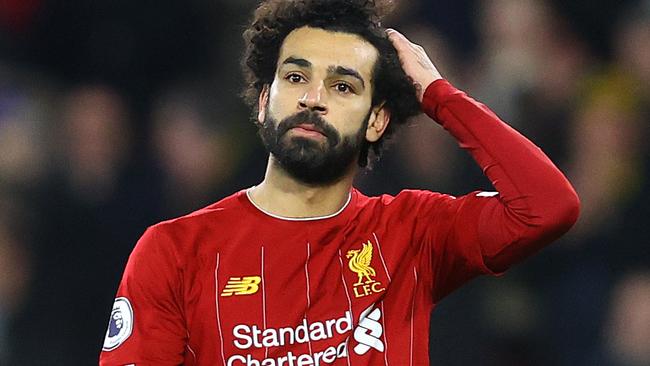 WATFORD, ENGLAND - FEBRUARY 29: Mohamed Salah of Liverpool looks dejected following the Premier League match between Watford FC and Liverpool FC at Vicarage Road on February 29, 2020 in Watford, United Kingdom. (Photo by Julian Finney/Getty Images)