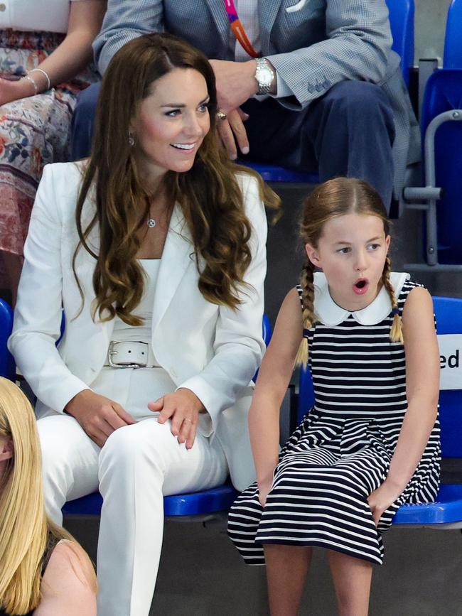 BIRMINGHAM, ENGLAND - AUGUST 02: Catherine, Duchess of Cambridge and Princess Charlotte of Cambridge attend the Sandwell Aquatics Centre during the 2022 Commonwealth Games on August 02, 2022 in Birmingham, England. (Photo by Chris Jackson/Getty Images)