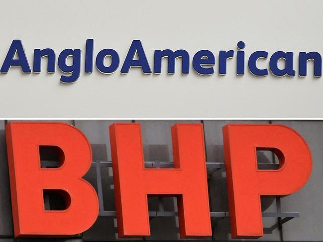 (COMBO) This combination of file pictures created on May 22, 2024 shows the Anglo American mining company logo, in London, on November 4, 2011 (up) and the BHP company logo adorning the side of the global headquarters in Melbourne, on February 21, 2023. The Australian mining giant BHP made a new takeover offer on May 22, 2024 for 38.6 billion pounds (45.4 billion euros) for its British rival Anglo American, immediately rejected by the latter which however agreed to extend the discussions. (Photo by Ben STANSALL and William WEST / AFP)