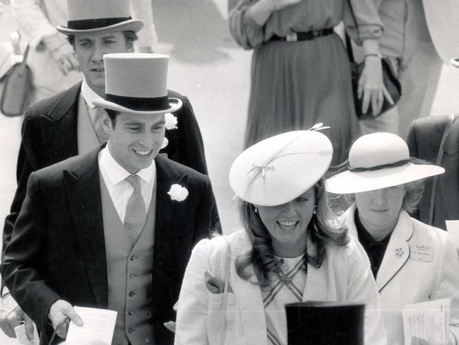 Prince Andrew with then-girlfriend Sarah Ferguson at Ascot in 1985. Picture: Splash/Paul Fievez/Daily Mail/REX/Shutterstock