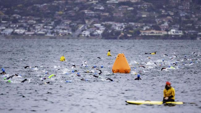 Participants in the water for the swimming section of the Ironman 70.3 Tasmania in Hobart on Sunday 4th February. Picture: Linda Higginson