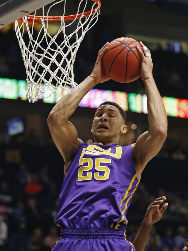 Ben Simmons grabs a rebound playing for LSU against Texas. Picture: AP Photo/John Bazemore