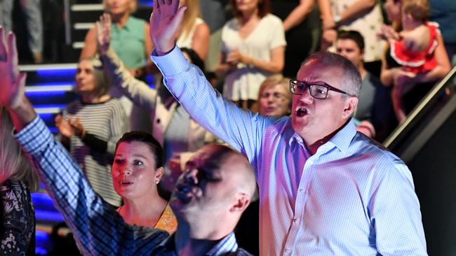 Scott Morrison and wife Jenny allowed the cameras into an Easter service at his Horizon Church. Picture; AAP. 