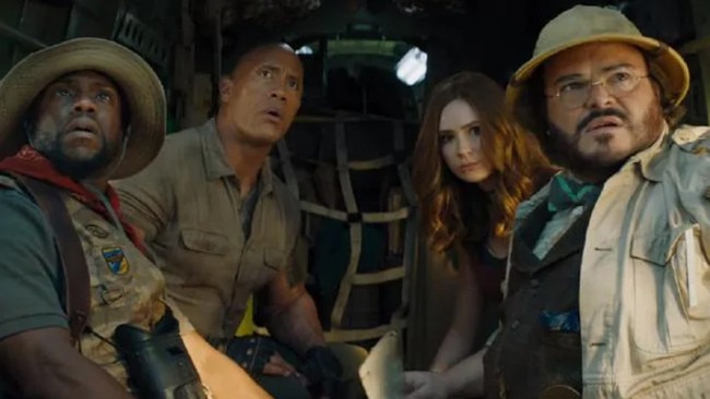 Kevin Hart, Dwayne Johnson, Karen Gillen and Jack Black in a scene from the first trailer for the movie Jumanji: The Next Level.