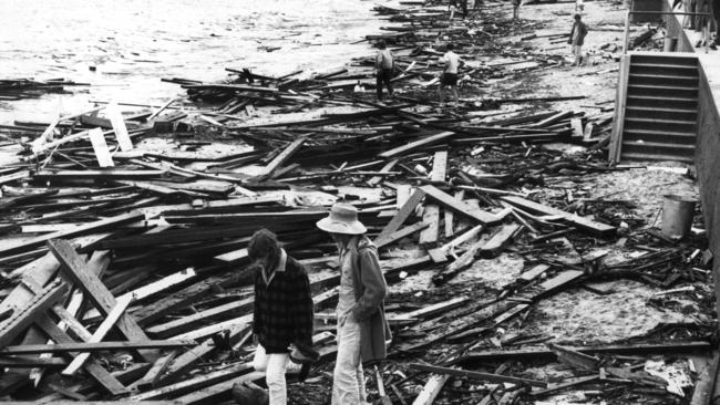 The debris from the swimming pool pier that washed up at Manly in 1974.