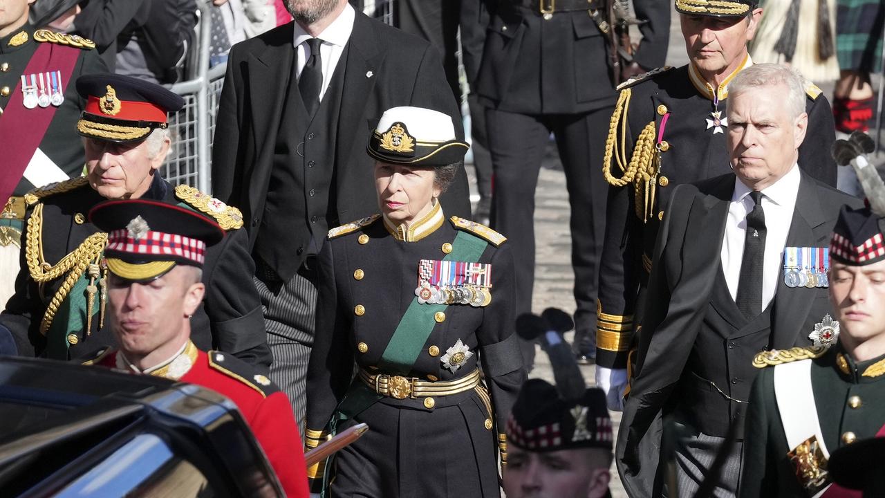 King Charles, Princess Anne and Prince Andrew walk behind the hearse carrying Queen Elizabeth II's coffin. Picture: Jon Super/WPA Pool/Getty Images