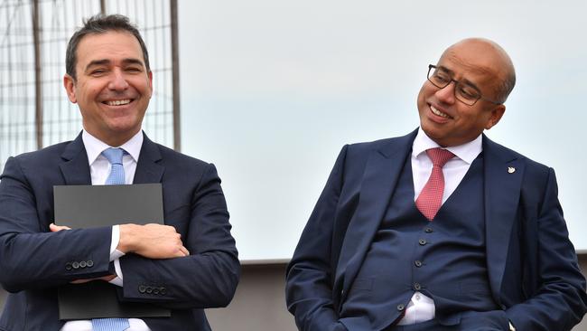 Executive Chairman of GFG Alliance Sanjeev Gupta, right, and South Australian Premier Steven Marshall on the Whyalla Jetty in August, 2018. Picture: AAP Image/David Mariuz