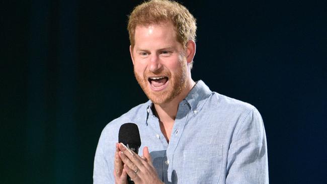 Prince Harry speaks onstage during the taping of the Vax Live fundraising concert in California in May. Picture: AFP