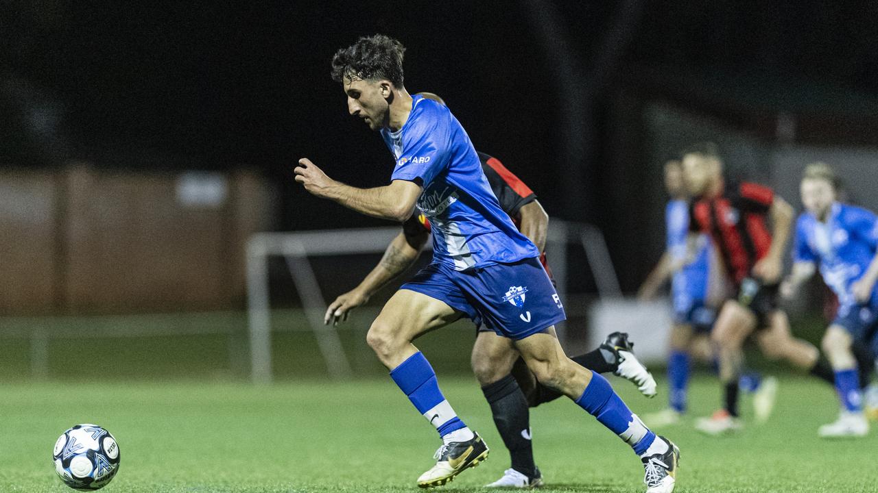 Amar Jarullah of Rockville Rovers against Gatton Redbacks in FQPL3 Darling Downs men grand final at Clive Berghofer Stadium, Saturday, August 31, 2024. Picture: Kevin Farmer