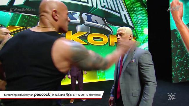 The Rock delivered a resounding slap to Cody Rhodes at the Wrestlemania 40 Press Conference. Picture: WWE