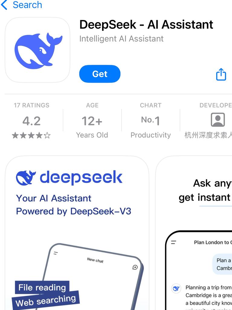 DeepSeek’s large language model app is top of the Apple charts.