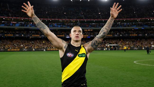 Retiring Richmond great Dustin Martin could be joined by as many as seven other members of the Tigers’ most recent premiership side in departing the club. Picture: Michael Willson / Getty Images