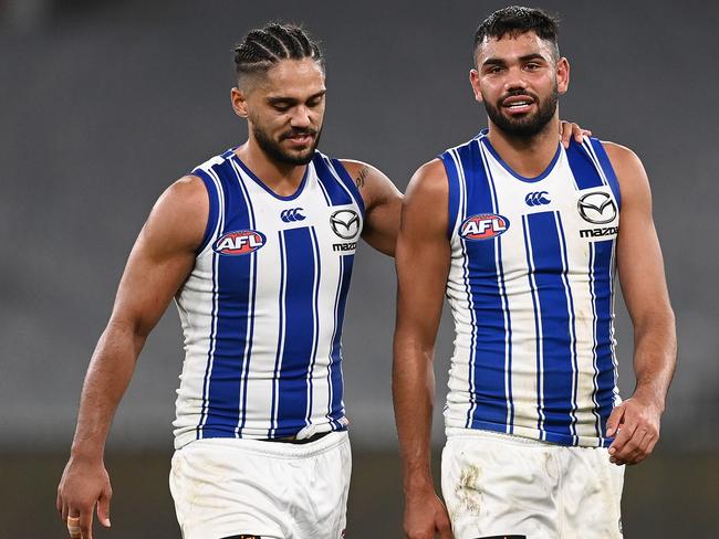 Roo Aaron Hall, pictured with teammate Tarryn Thomas, has called for us to unite against racism. Picture: Getty Images