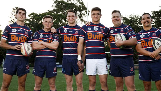 DAILY TELEGRAPH AUGUST 29, 2024. Eastern Suburbs have six of seven teams in club rugby grand finals this weekend. Captains from left Angus Wallace, Billy Dickens, Flyn Kilby, Josh Bokser, James Behringer and Steve Mayman at Woolahra Oval in Rose Bay. Picture: Jonathan Ng