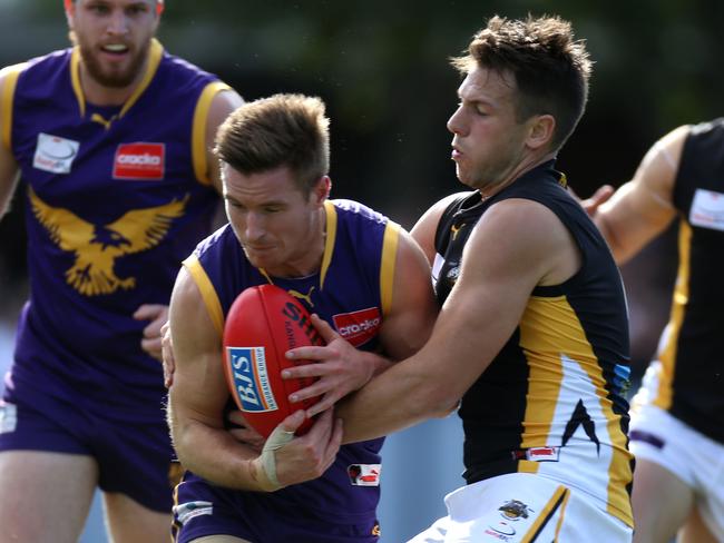 EFL (Division1) Vermont v Balwyn at Vermont Recreation Reserve. Vermont's Kyle Emley and Balwyn's Jeff Gobbels. Picture: Brendan Francis