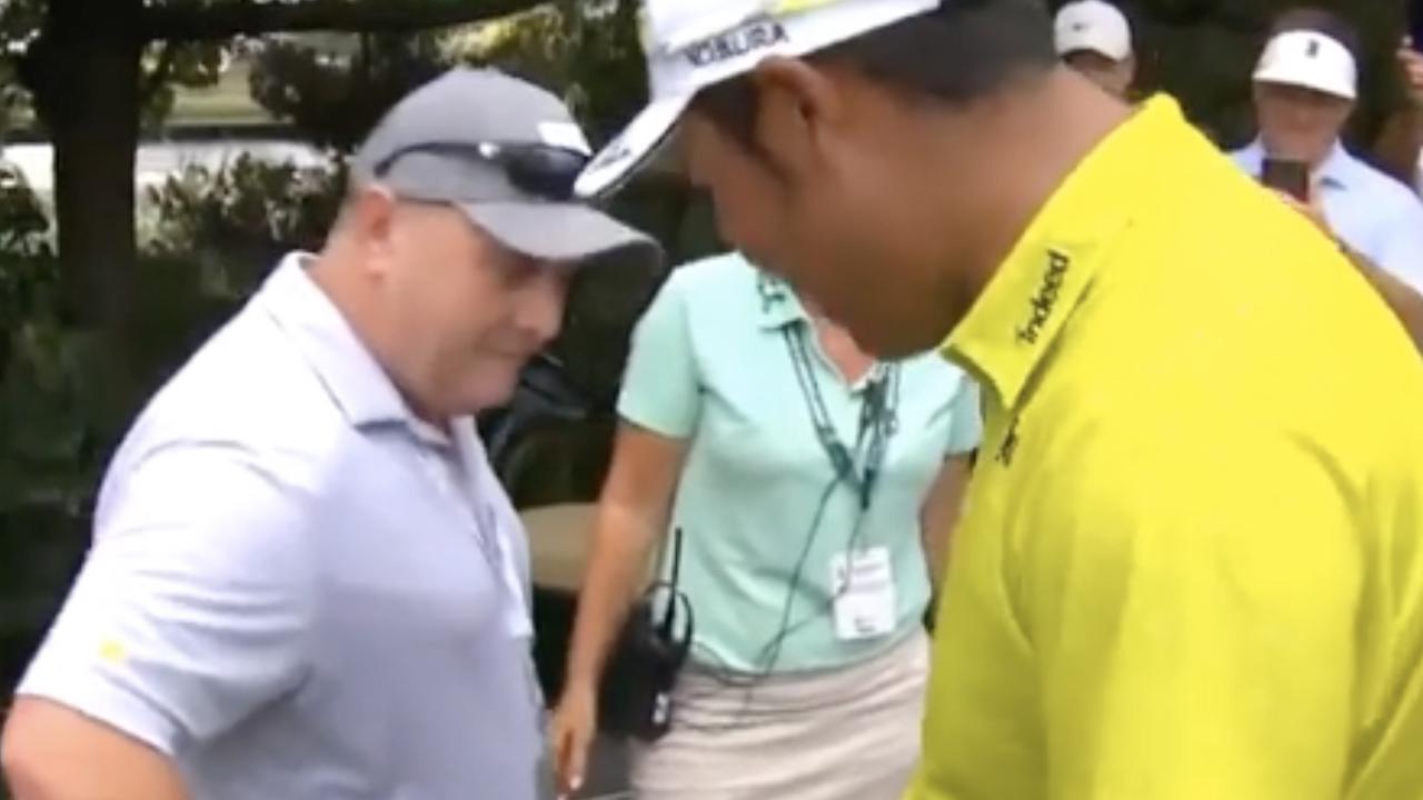 Reigning Masters champion Hideki Matsuyama hit an errant tee shot inside a spectator’s shirt in Friday’s second round of the USPGA Northern Trust tournament in suburban New York.