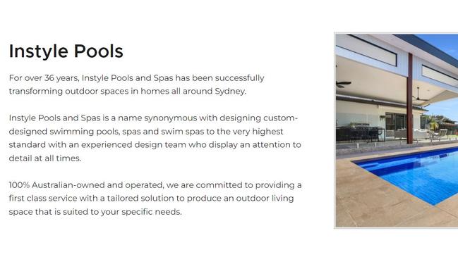 A screenshot from the Instyle Pools and Spas website. Picture: Instyle Pools and Spas