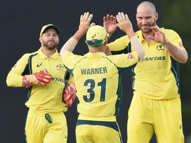 John Hastings celebrates with teammates after dismissing Sri Lanka’s Thisara Perera in 2016. Picture: ISHARA S.KODIKARA