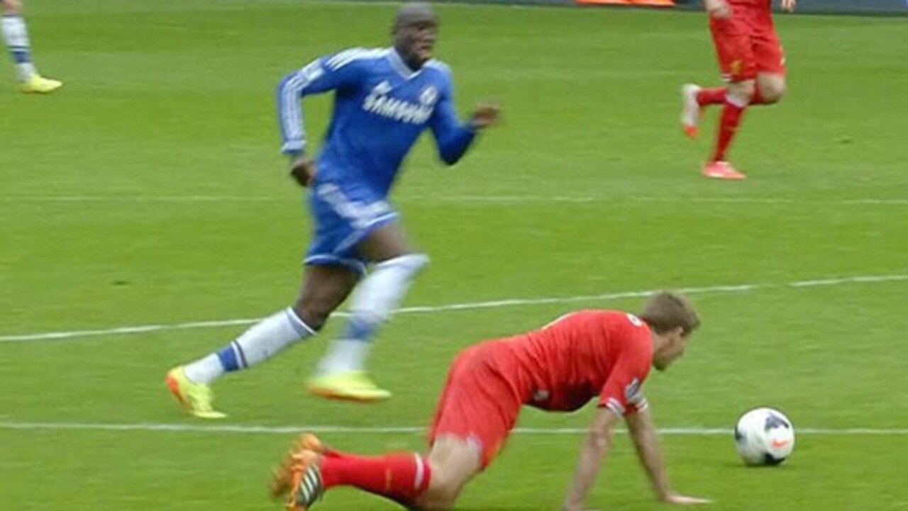 Steven Gerrard slips at Anfield in April 2014 and Chelsea striker Demba Ba swoops in to score. Manchester City went on to win the EPL title. Picture: Twitter