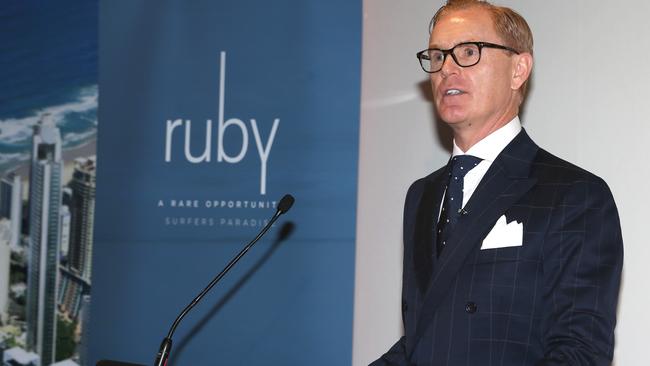 William O'Dwyer, Managing Director, Ralan Group speaks at the sod turning ceremony for Ralan Group's $1 Billion project 'Ruby' at Surfers Paradise, Gold Coast. Picture: Regi Varghese