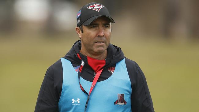 MELBOURNE, AUSTRALIA - DECEMBER 14: Bombers head coach Brad Scott looks on during an Essendon Bombers AFL training session at The Hangar on December 14, 2022 in Melbourne, Australia. (Photo by Daniel Pockett/AFL Photos/via Getty Images)