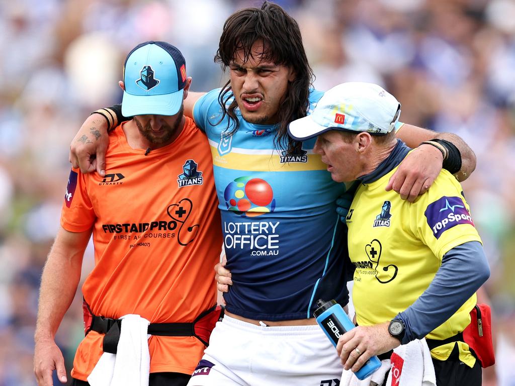 Tino Fa'asuamaleaui is carried from the field in round 3 last year. Picture: Brendon Thorne/Getty Images