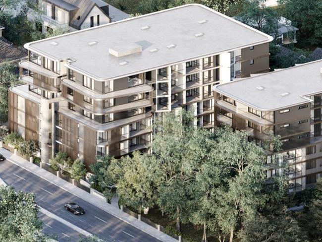 An artist's impression of apartment blocks, part of proposed $67 million redevelopment at Frenchs Forest, opposite Northern Beaches Hospital. The development application was lodged with Northern Beaches Council in May, 2024.