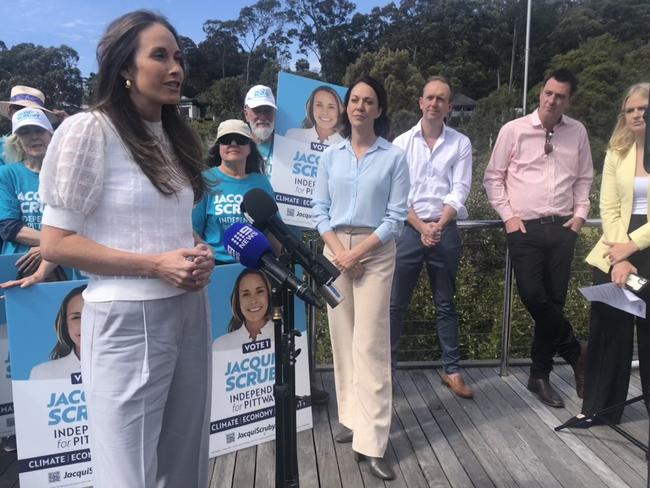 Jacqui Scruby was endorsed by the independent federal MP for Mackellar, Sophie Scamps (centre), and state independent MP for Wakehurst, Michael Regan (striped orange shirt). Picture: Jim O’Rourke