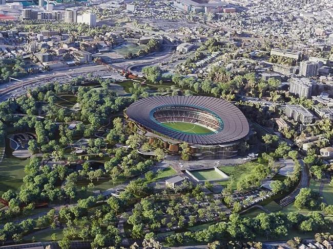 A render of the new Brisbane Stadium for the 2032 Olympic Games. A new stadium with the ability to seat 63,000 spectators will be developed in Victoria Park. Located centrally in Brisbane, Victoria Park offers a unique opportunity to develop a world-class stadium which will showcase Brisbane on the global stage. Its inner-city location, city views, and ability to integrate within a master-planned park make it an unparalleled choice for an iconic sporting and entertainment venue. Picture: QLD Government.