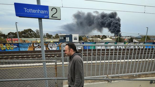 The fire seen from Tottenham Station in West Footscray. Picture: Mark Stewart