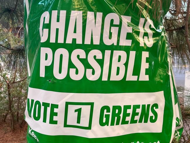 Greens posters nailed into trees at a polling booth in  the Sturt Electorate . Picture: Supplied