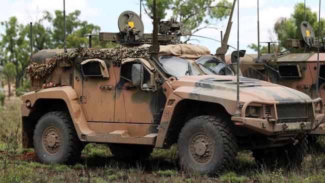Soldiers were learning to drive a ‘Hawkei’ protected mobility vehicle (like the one pictured) when it rolled. Picture: Alix Sweeney