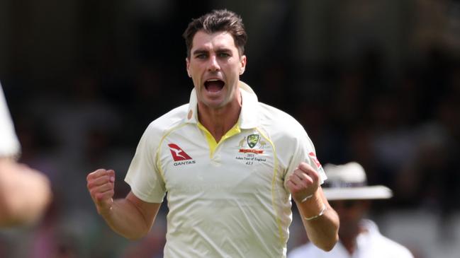 Pat Cummins celebrates the wicket of Zak Crawley. (Photo by Ryan Pierse/Getty Images)