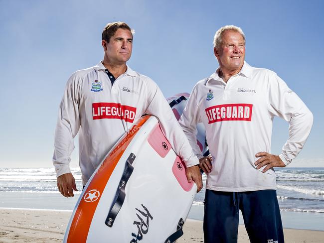 Gold Coast lifeguards Luke Ingwersen and David Orchard at Narrowneck Beach ahead of their trip to Japan on Friday. Picture: Jerad Williams