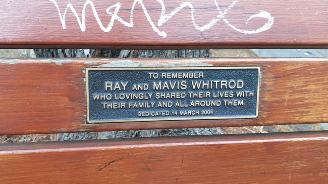 A bench dedicated to Ray and Mavis Whitrod at the Flinders Street Baptist Church. Picture: Colin James