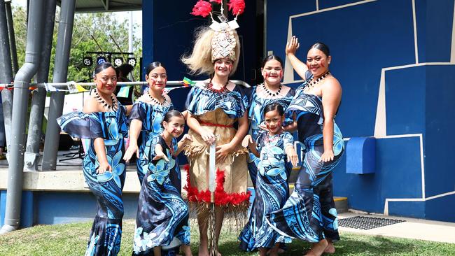 The Measina Treasures of Samoa dancers (L-R)Precious Baker, Zahrah Bajramovic, 9, Madinah Bajramovic, Aisha Bajramovic, Peyton Esekia, Aaliyah Esekia, 6, and Jehaziel Kose get ready to perform on stage at the 19th annual CARMA multicultural festival, held at Fogarty Park. Picture: Brendan Radke