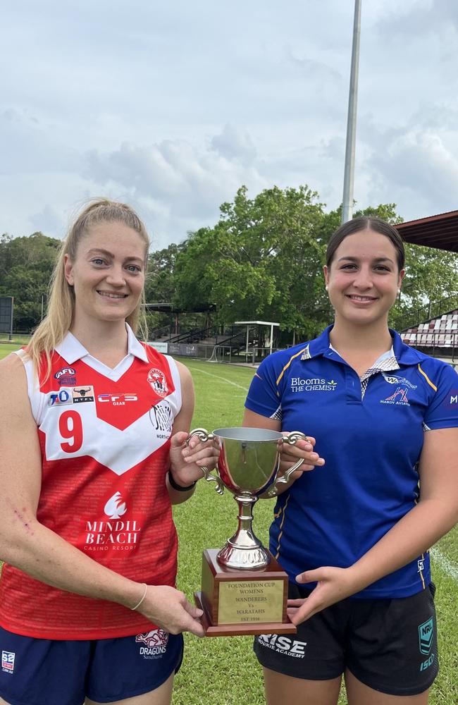 Waratah's Madeline Jeans and Wanderers captain Ivana Schober ahead of the 2024 Foundation Cup. Picture: Waratah Football Club