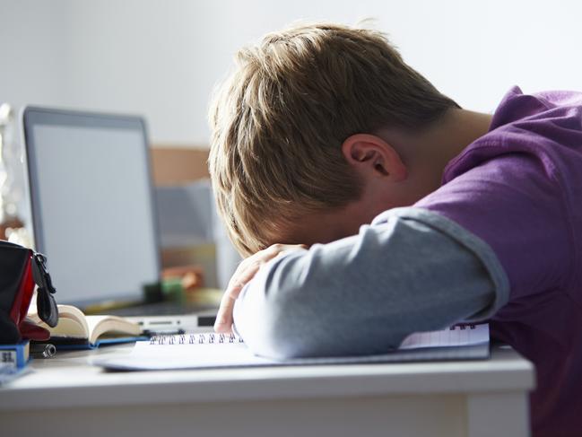 Tired Boy Studying In Bedroom