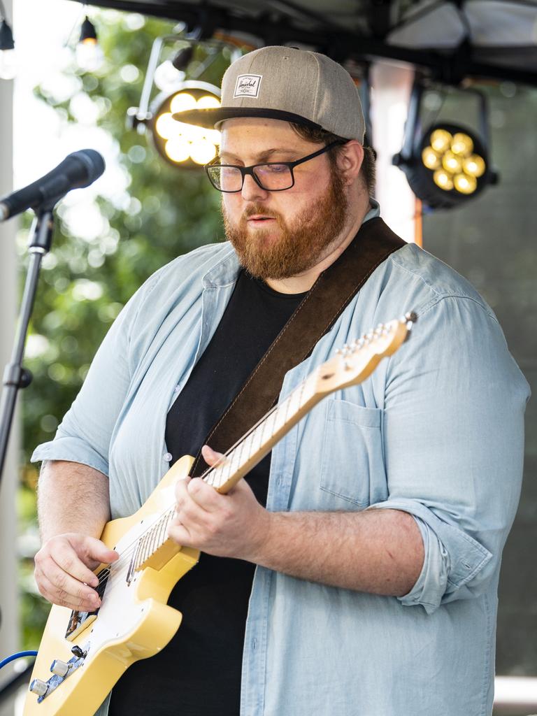 On stage with the River Movement is Kristian Kennedy for the Toowoomba Busking Festival, Saturday, April 30, 2022. Picture: Kevin Farmer