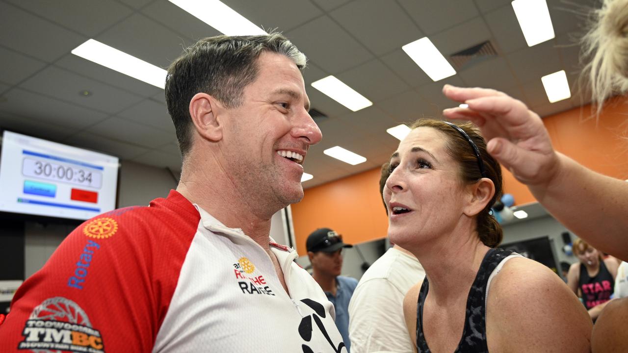 Damian and Louise Borger. World Gym Toowoomba trainer Michael Aspinall and 16 riders set the Guinness World Record for the Longest Static Spin Class at World Gym. All riders finished the 30 hours. October 2019. Picture: Bev Lacey