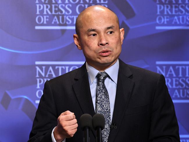 CANBERRA, AUSTRALIA - APRIL 21, 2021:Chinese embassy spokesman Wang Xining during his discussion on the "China crisis" at the National Press Club. They are discussing the souring relationship between China and Australia, and the rise of pandemic-related anti-Chinese racism. Picture: NCA NewsWire / Gary Ramage