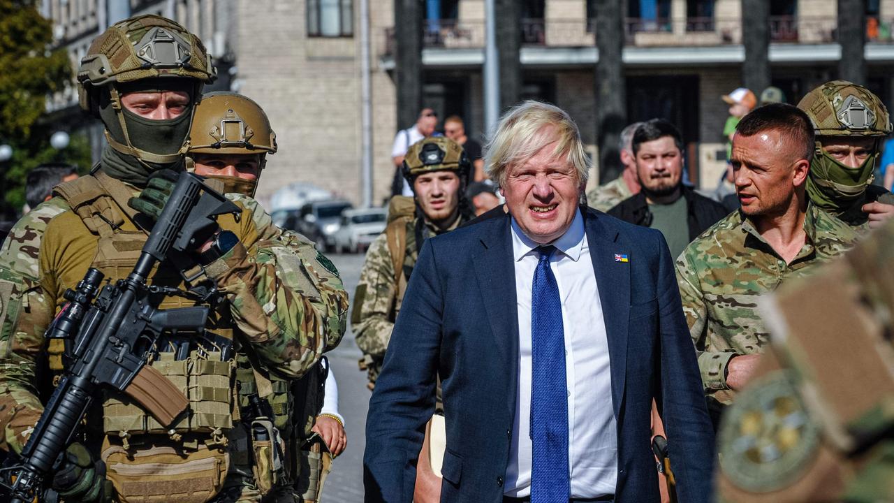 Boris Johnson visits Kyiv's Independence Square (Photo by SERGEI CHUZAVKOV / AFP)