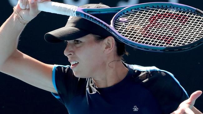 MELBOURNE, AUSTRALIA - JANUARY 13: Ajla Tomljanovic of Australia plays a forehand during a practice session ahead of the 2023 Australian Open at Melbourne Park on January 13, 2023 in Melbourne, Australia. (Photo by Kelly Defina/Getty Images)