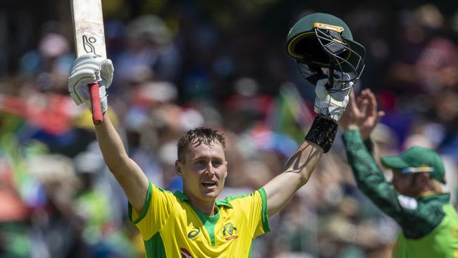 FILE - In this March 7, 2020, file photo, Australia's batsman Marnus Labuschagne celebrates his century during the 3rd and final One Day International cricket match between South Africa and Australia at Senwes Park, Potchefstroom, South Africa. Star batsman Labuschagne and two other test players have been added on Thursday, April 30, 2020 by Cricket Australia to its list of 20 contracted players for the 2020-21 season. The value of each contract is still uncertain because of the coronavirus pandemic which has forced Cricket Australia to furlough the bulk of its staff. (AP Photo/Themba Hadebe, File)